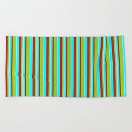 [ Thumbnail: Aqua, Brown, Green & Light Grey Colored Striped Pattern Beach Towel ]