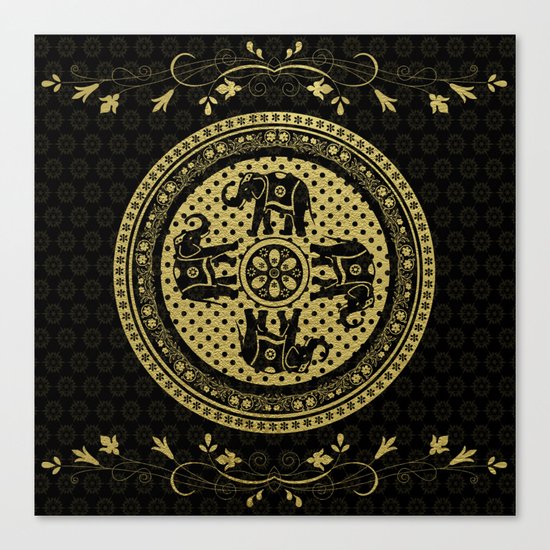 Indian Elephants Flourish Black Gold Canvas Print
