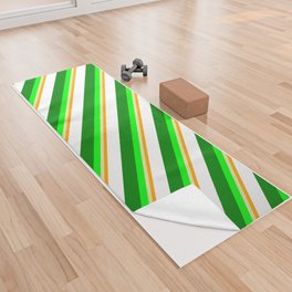 [ Thumbnail: Vibrant Orange, Pale Goldenrod, Lime, Green, and White Colored Stripes/Lines Pattern Yoga Towel ]