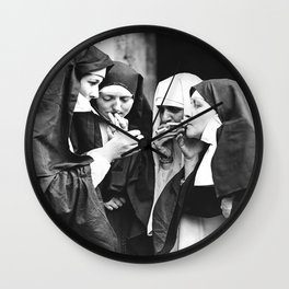 Smoking Nuns, Black and White, Vintage Wall Art Wall Clock