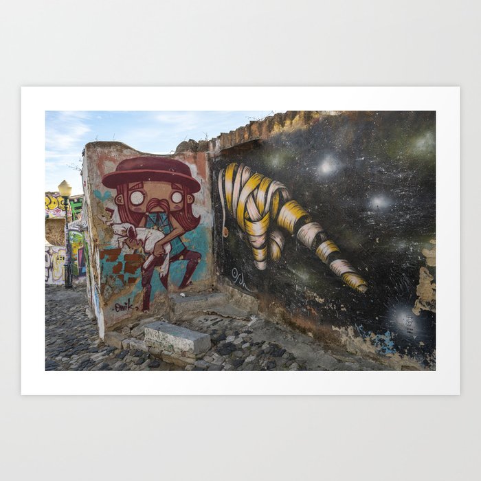 Dark dystopian graffiti in Alfama, Lisbon, Portugal - urban streetart, street and travel photography Art Print