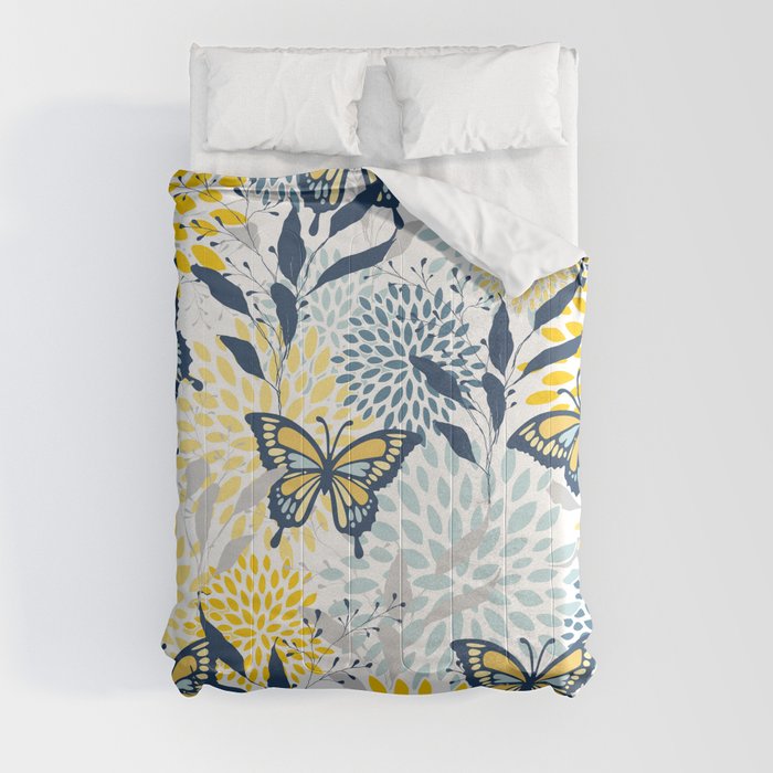 Floral and Butterflies Print, Blue and Yellow Comforter