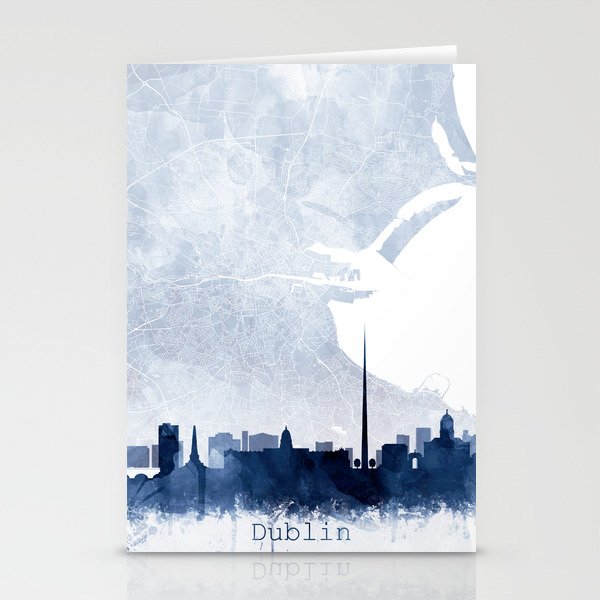 Dublin Skyline & Map Watercolor Navy Blue, Print by Zouzounio Art Stationery Cards