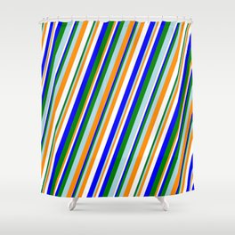 [ Thumbnail: Eye-catching Light Blue, Dark Orange, White, Blue & Green Colored Lined/Striped Pattern Shower Curtain ]