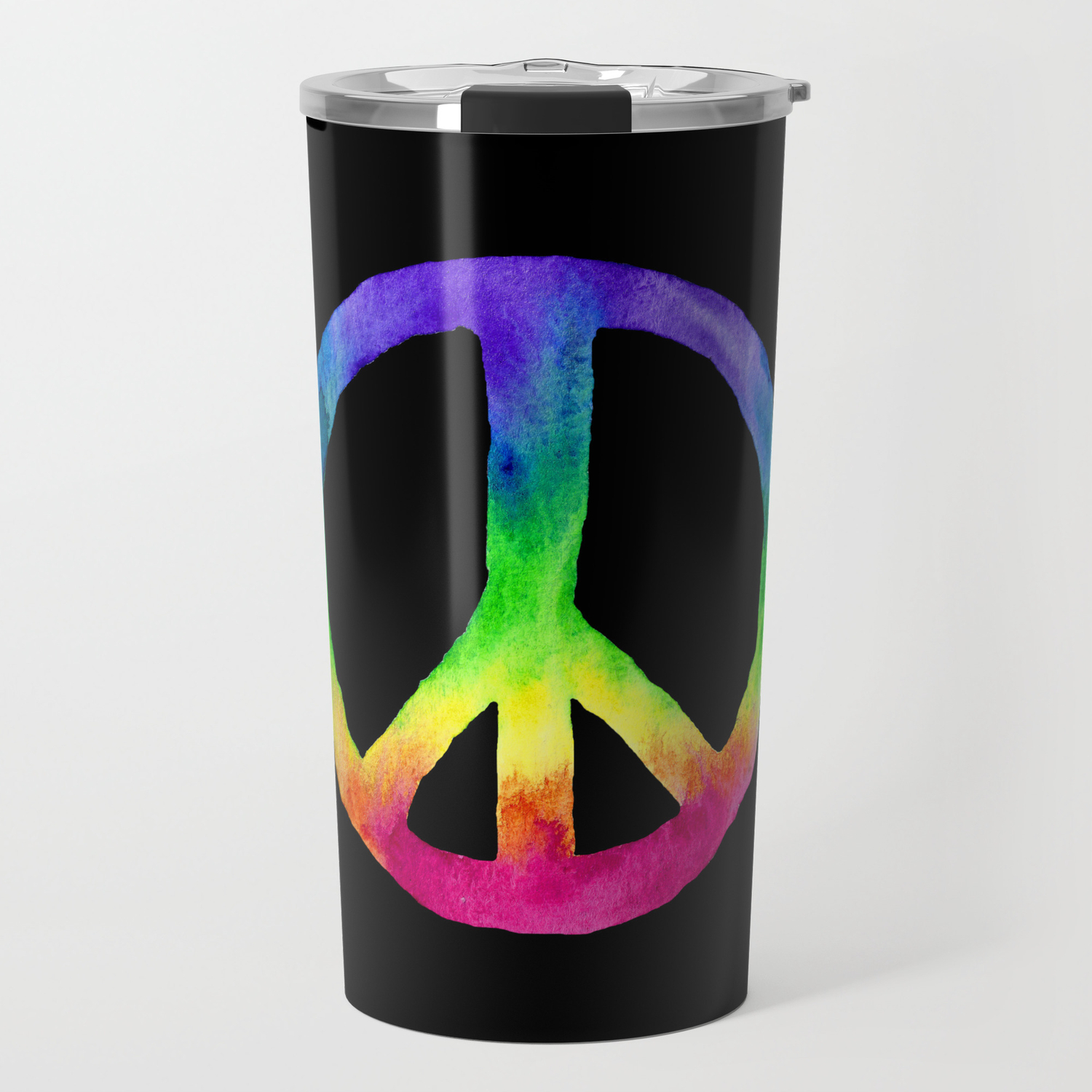 Rainbow Watercolor Peace Sign Black Background Travel Mug By Laurabethlove Society6