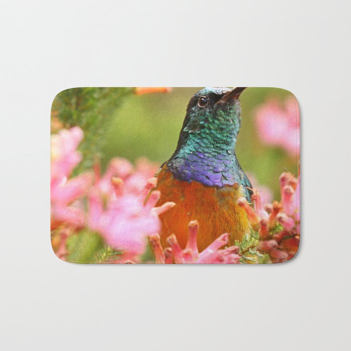 South Africa Photography - Colorful Bird Among  Colorful Flowers Bath Mat