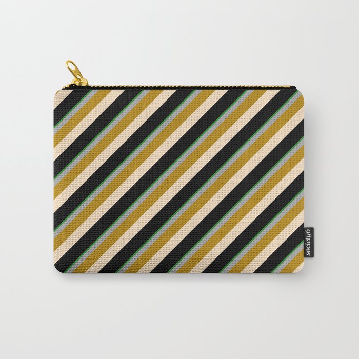 Eyecatching Forest Green, Dark Grey, Dark Goldenrod, Bisque & Black Colored Lines Pattern Carry-All Pouch