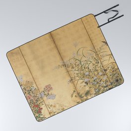 Japanese Edo Period Six-Panel Gold Leaf Screen - Spring and Autumn Flowers Picnic Blanket