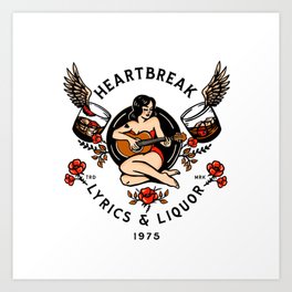 Heartbreak Lyrics & Liquor 1975. Cute Pinup Girl Playing Guitar: Full Color Version. Art Print