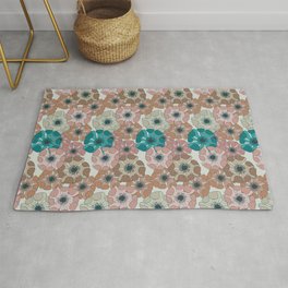 teal green and ecru floral poppy arrangements Area & Throw Rug