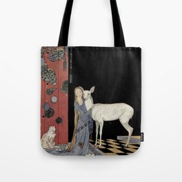 Old French Fairytales Adorable Girl, Cat and Fawn Deer Virginia Frances Sterrett Reproduction Tote Bag