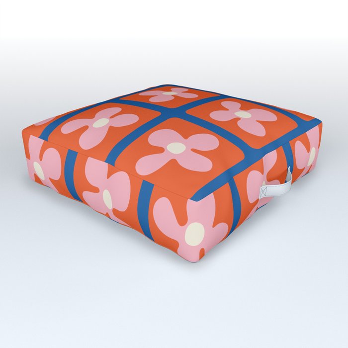 Retro Flowers Pattern - Red Blue Outdoor Floor Cushion
