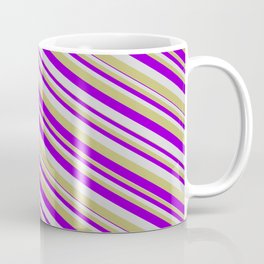 [ Thumbnail: Light Grey, Dark Khaki, and Dark Violet Colored Striped/Lined Pattern Coffee Mug ]