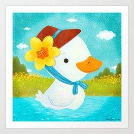 Spring Miss Duck Art Print | Julianamotzko, Brightcolors, Floral, Nursery, Children, Daffodil, Duckling, Drawing, Duckinalake, Colorful 