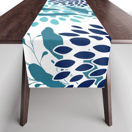 Floral Leaves and Blooms, Navy, Teal and White Table Runner