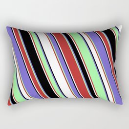 [ Thumbnail: Vibrant Green, Red, White, Black & Slate Blue Colored Lined Pattern Rectangular Pillow ]