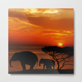 South Africa Photography - The Silhouette Of Elephants  In The Sunset Metal Print