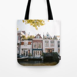 Photo of Dutch canal houses with boats on water in Leiden, the Netherlands | Fine Art Travel Photography | Tote Bag