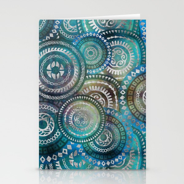 Gentle Blue Circular Tribal  pattern with silver Stationery Cards