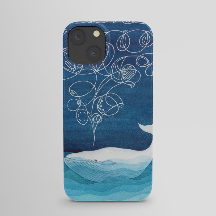 Happy whale, animals sea creature, teal blue watercolor iPhone Case