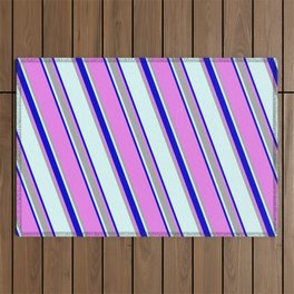 [ Thumbnail: Light Cyan, Blue, Violet, and Dark Grey Colored Lines/Stripes Pattern Outdoor Rug ]