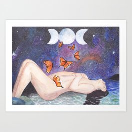 Woman's pleasure Art Print | Women, Inspirate, Moon, Painting, Paintblue, Triplegoddess, Orange, Pleasure, Watercolor, Universe 