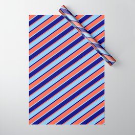 [ Thumbnail: Blue, Red & Light Sky Blue Colored Stripes/Lines Pattern Wrapping Paper ]