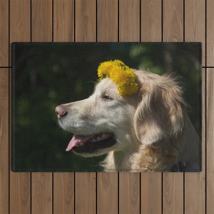 Photo of a golden retriever with flowers Outdoor Rug
