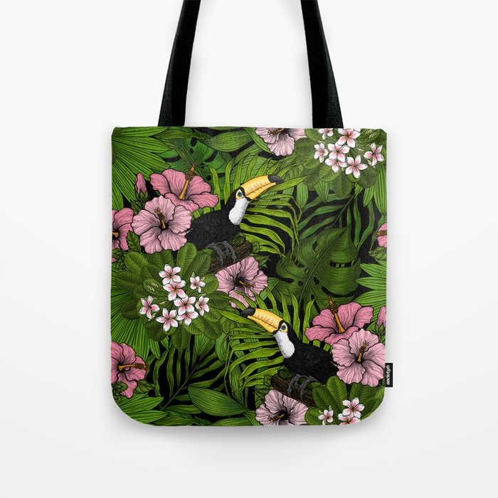 Toucans and tropical flora, green and pink Tote Bag