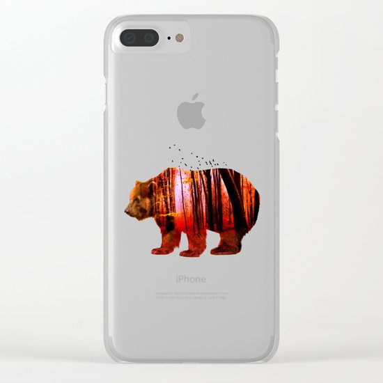 Bear in red forest Clear iPhone Case