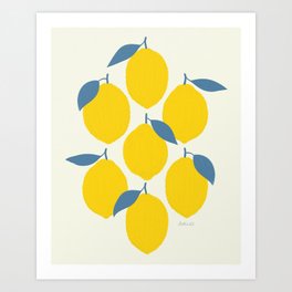 Blue Abstract Lemons Vintage Lemon Illustration Pattern Art Print