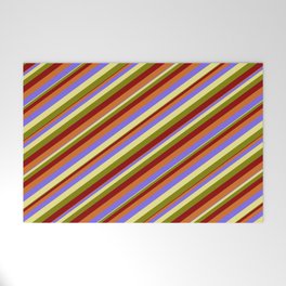 [ Thumbnail: Eyecatching Medium Slate Blue, Tan, Green, Dark Red & Chocolate Colored Striped/Lined Pattern Welcome Mat ]