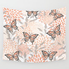 Floral and Butterflies Print, Gray, Coral, Peach Wall Tapestry