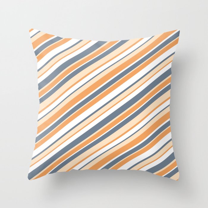Slate Gray, Bisque, Brown & White Colored Stripes/Lines Pattern Throw Pillow