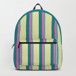 [ Thumbnail: Dark Turquoise, Hot Pink, Dark Cyan & Pale Goldenrod Colored Lined Pattern Backpack ]