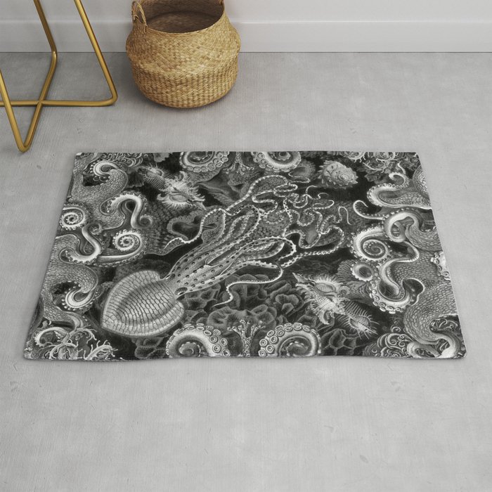 The Kraken Black White Square Rug By Mechanicalwhispers The Kraken Black White Square Rug By Mechanicalwhispers