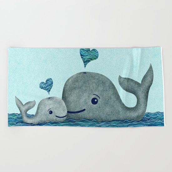 Whale Mom and Baby with Hearts Beach Towel