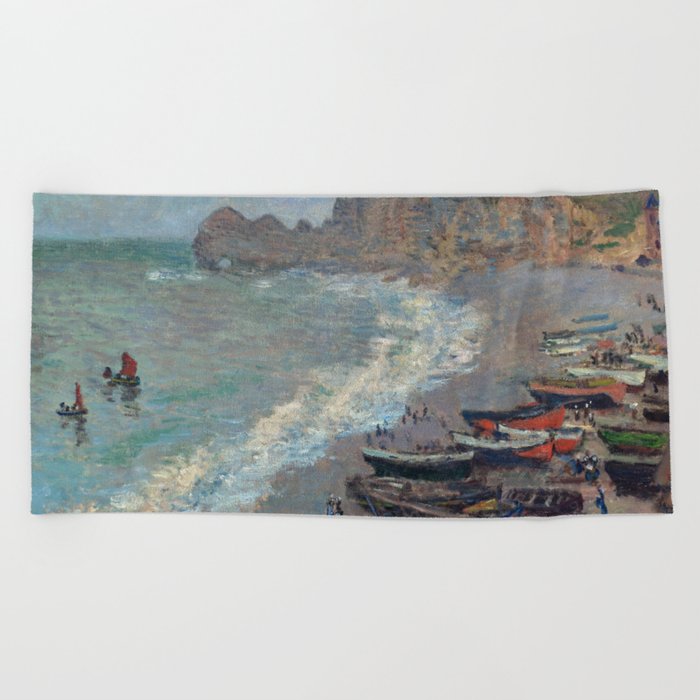 Boats on the Beach at Etretat by Claude Monet Beach Towel