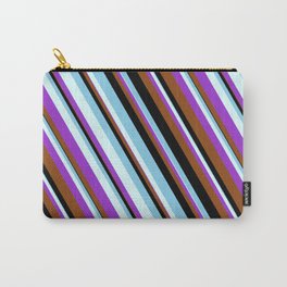 [ Thumbnail: Eyecatching Light Cyan, Dark Orchid, Brown, Black & Sky Blue Colored Stripes/Lines Pattern Carry-All Pouch ]