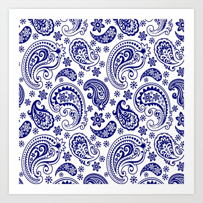 Blue And White Elegant Floral Paisley Pattern Art Print by