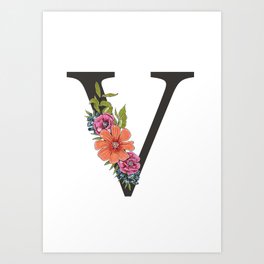 Monogram Letter V with Flowers Art Print