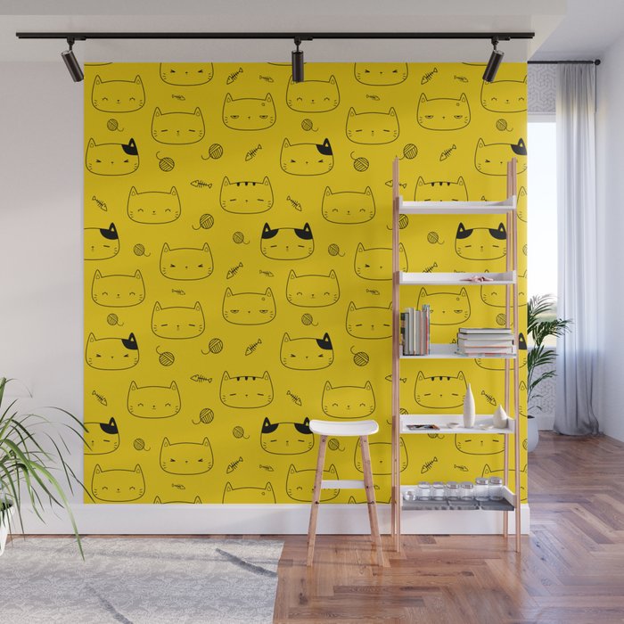 Yellow and Black Doodle Kitten Faces Pattern Wall Mural