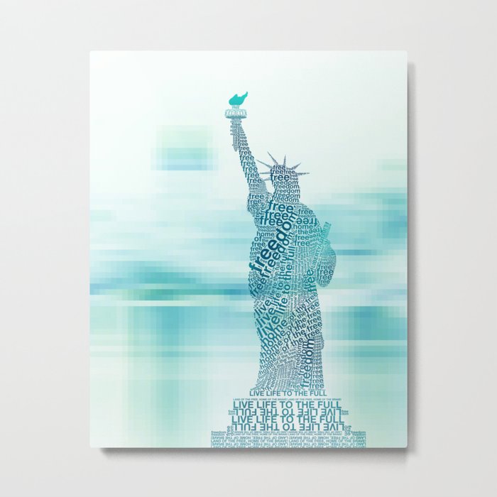 Typographic Statue of Liberty - Aqua Blue Metal Print