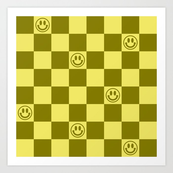 Yellow/Olive Color Smiley Face Checkerboard Art Print