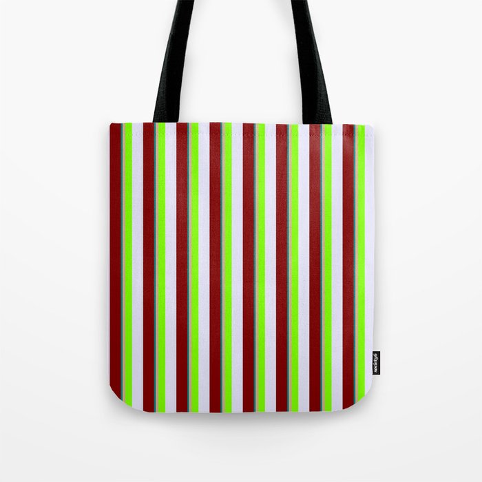 Vibrant Teal, Tan, Chartreuse, Lavender & Maroon Colored Striped/Lined Pattern Tote Bag