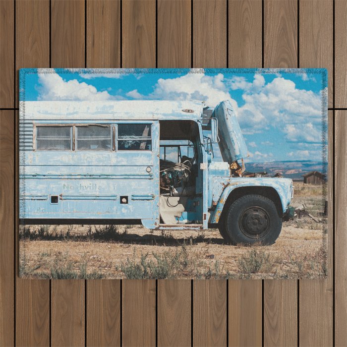 Blue Bluebird Bus - Utah Desert Outdoor Rug