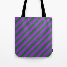 [ Thumbnail: Dark Orchid and Green Colored Striped Pattern Tote Bag ]