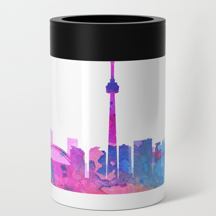 Toronto Skyline Watercolor Blue Orange Pink Purple Green Cityscape Toronto Canada City Skyline Can Cooler