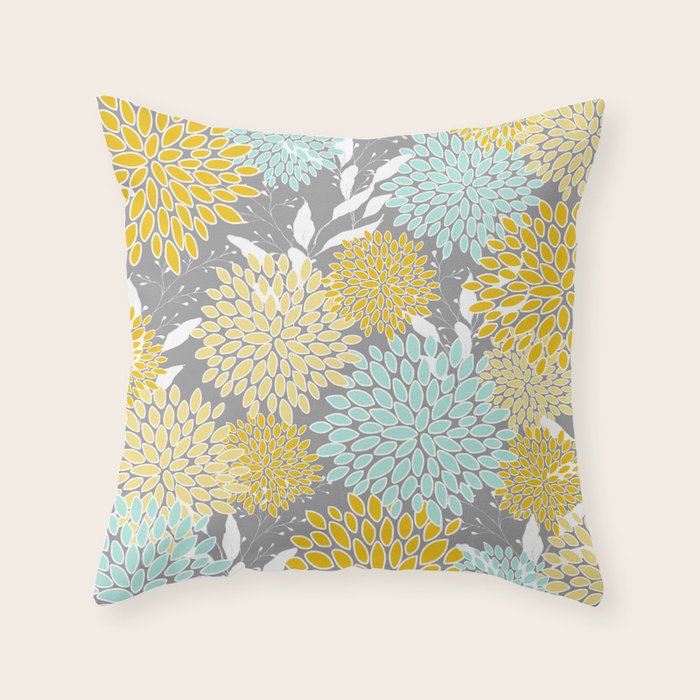 Floral Prints and Leaves Gray Yellow and Aqua Throw Pillow by