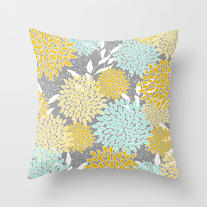Floral Prints and Leaves, Gray, Yellow and Aqua Throw Pillow